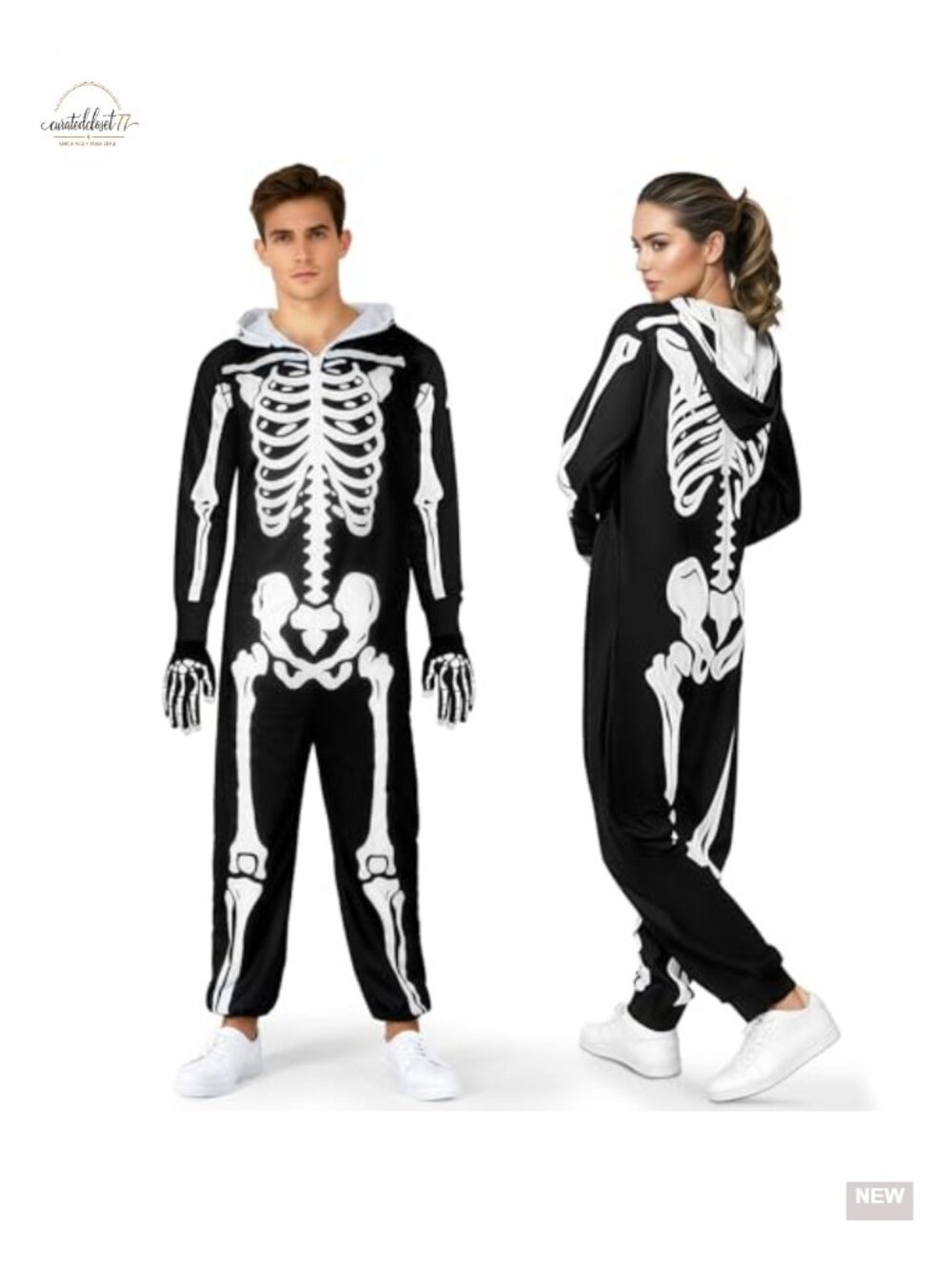Men's Skeleton Costume Skull Jumpsuit with Gloves Halloween Cosplay